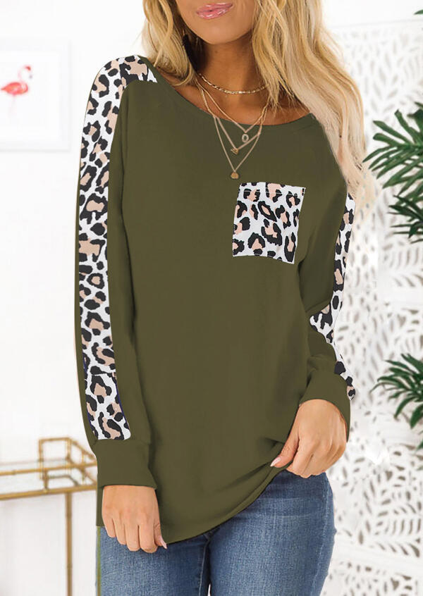 Leopard Printed Pocket T-Shirt Tee without Necklace – Army Green