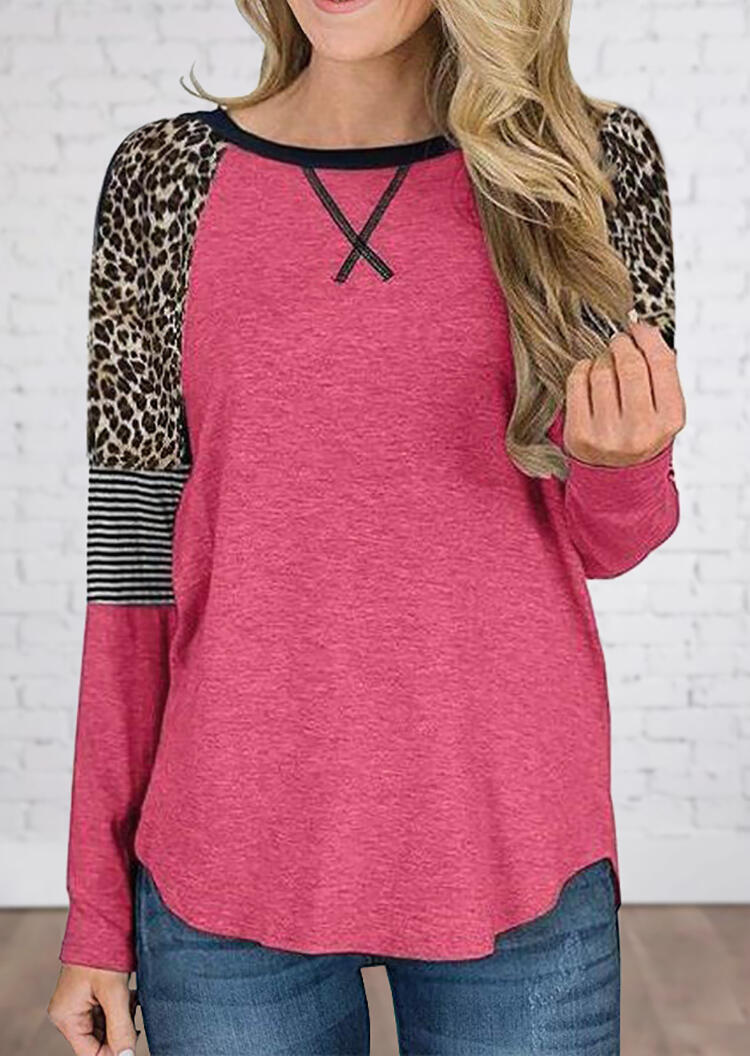 

Leopard Printed Striped Splicing Blouse - Red, 458884