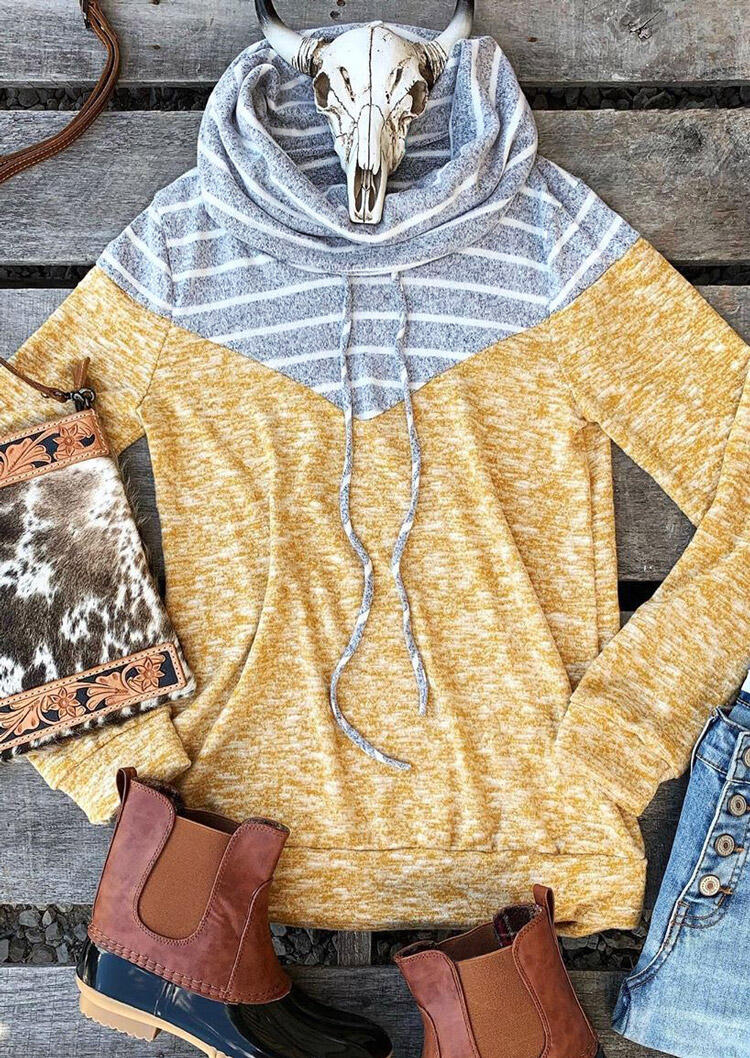 

Striped Splicing Drawstring Cowl Neck Blouse - Yellow, 459021