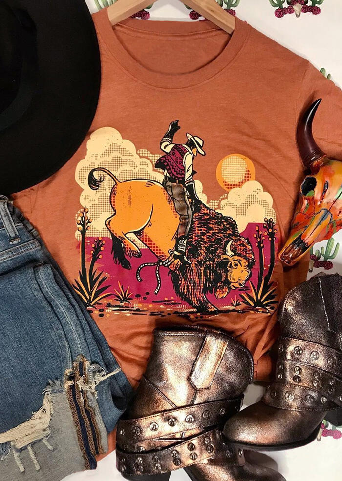 

Western Cowboy O-Neck T-Shirt Tee - Orange, 459022