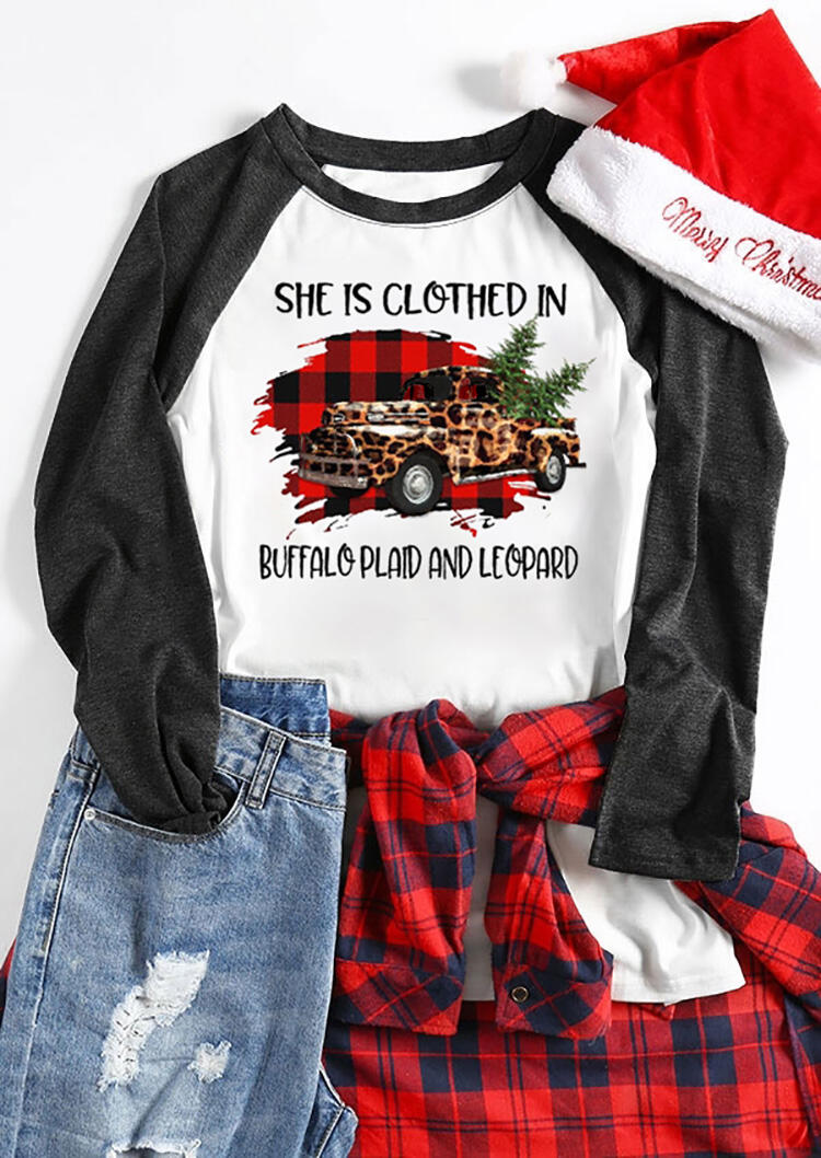 

She Is Clothed In Buffalo Plaid And Leopard Printed Christmas Tree T-Shirt Tee - White, 459044