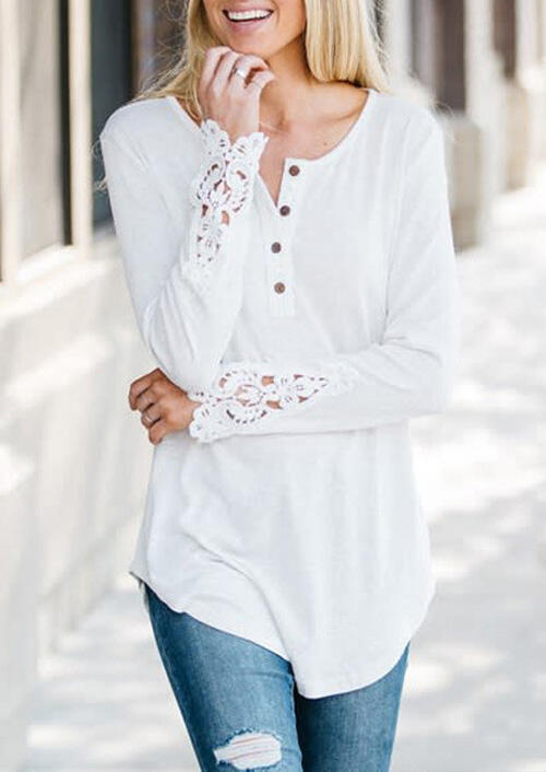 

Solid Lace Splicing Button Blouse - White, 459045