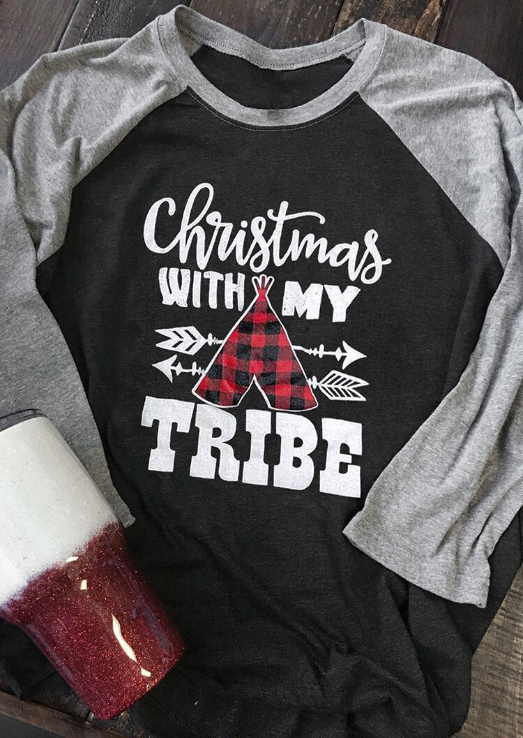 

Tees T-shirts Christmas With My Tribe Plaid Splicing T-Shirt Tee in Black. Size
