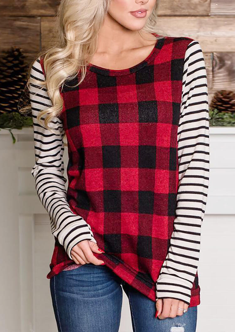 

Tees T-shirts Plaid Striped Splicing T-Shirt Tee - Red. Size: ,M,XL