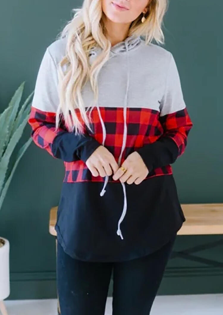 

Plaid Printed Splicing Drawstring Hoodie - Gray, 459055
