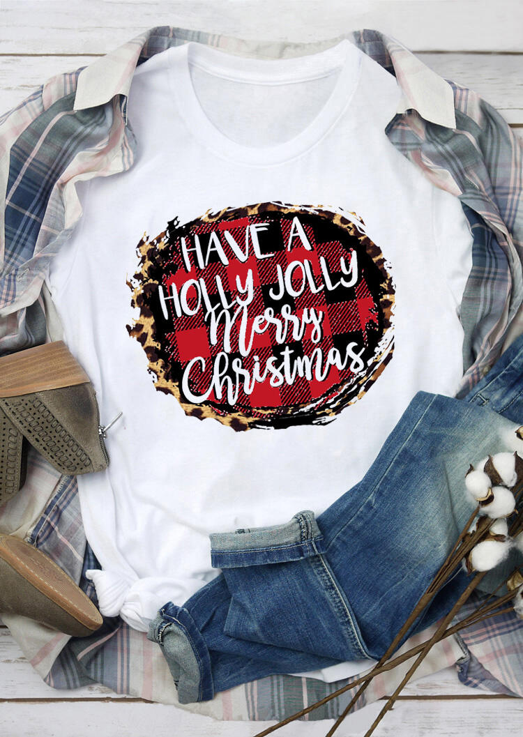 

Plaid Have A Holly Jolly Merry Christmas T-Shirt Tee - White, 459111