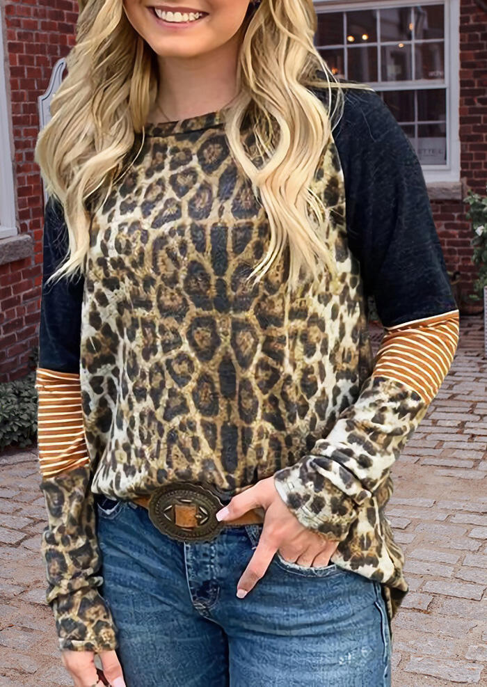 

Tees T-shirts Leopard Striped Splicing T-Shirt Tee in Leopard. Size