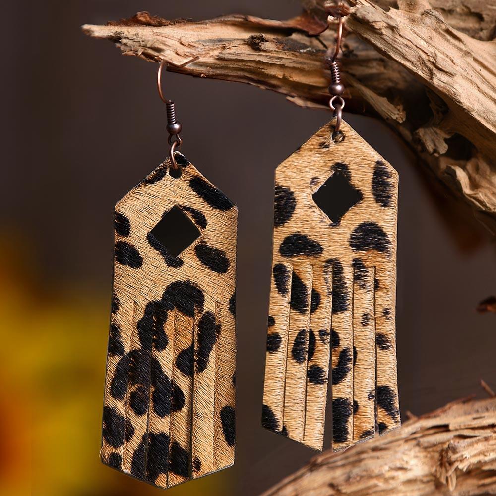 

Leopard Printed Long Tassel Leather Earrings, Apricot;khaki, 458857