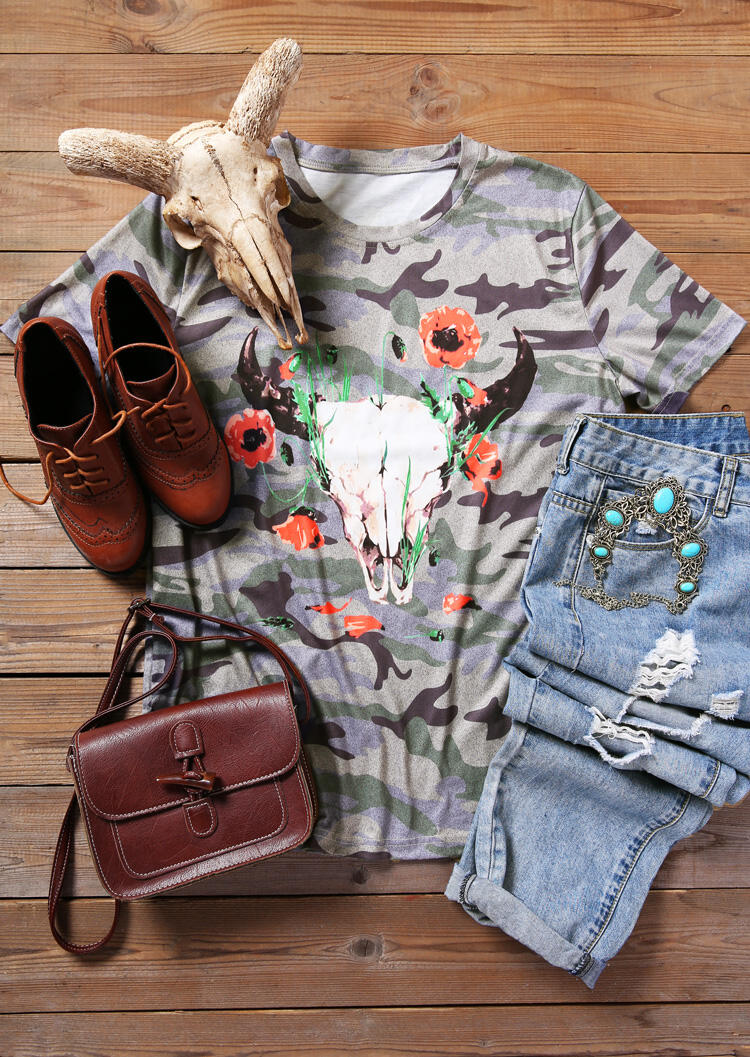 

Camouflage Printed Floral Steer Skull T-Shirt Tee, 459026