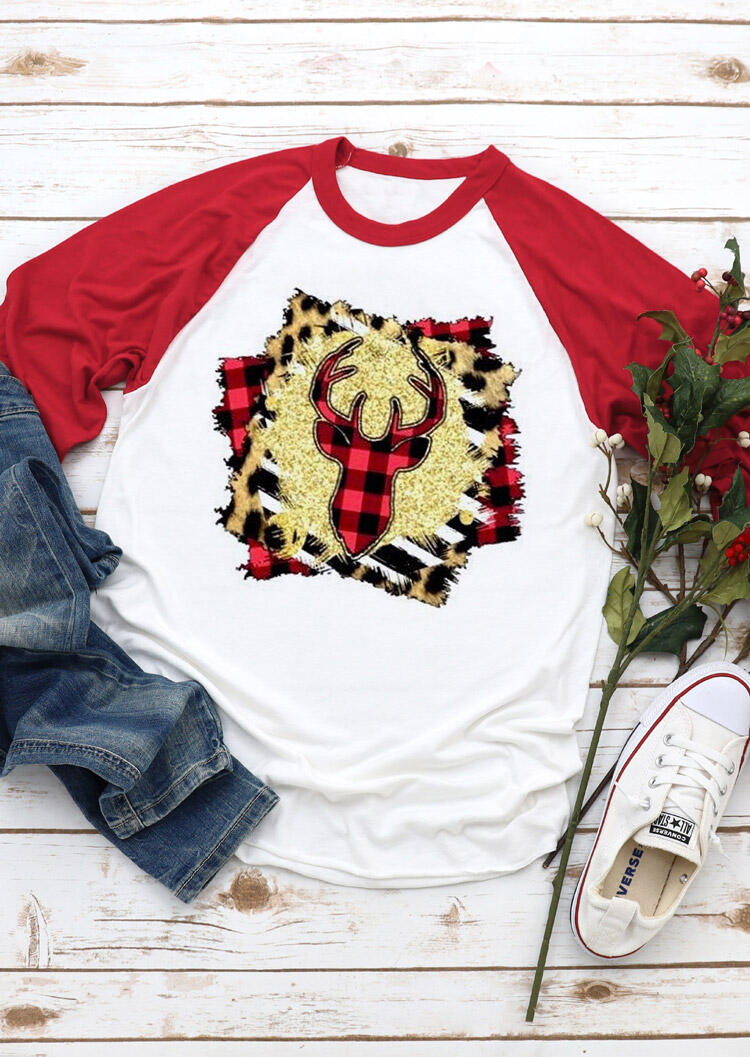 

Tees T-shirts Plaid Leopard Printed Splicing Christmas Reindeer T-Shirt Tee - White. Size: ,M