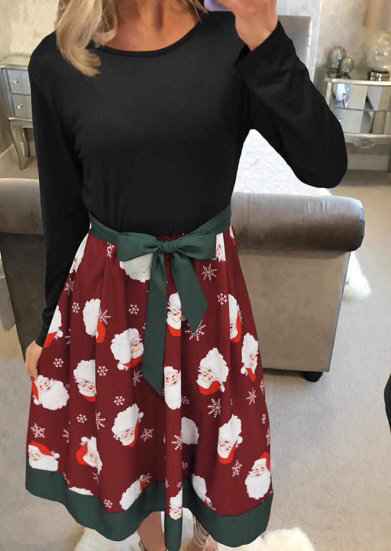 

Christmas Santa Claus Snowflake Casual Dress with Belt - Burgundy, 459085