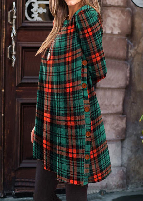 

Mini Dresses Plaid Printed Button Mini Dress without Necklace. Size: S,M
