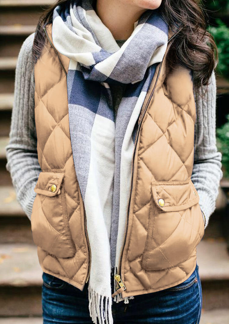 

Solid Zipper Pocket Thickened Vest Coat - Khaki, 459165