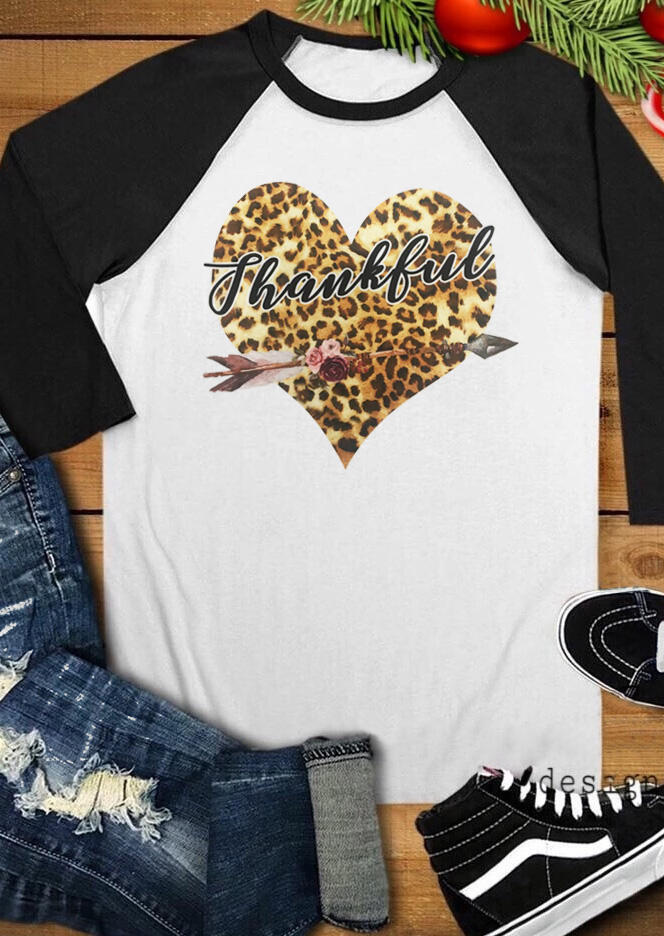 

Tees T-shirts Thankful Leopard Printed Heart T-Shirt Tee - White. Size