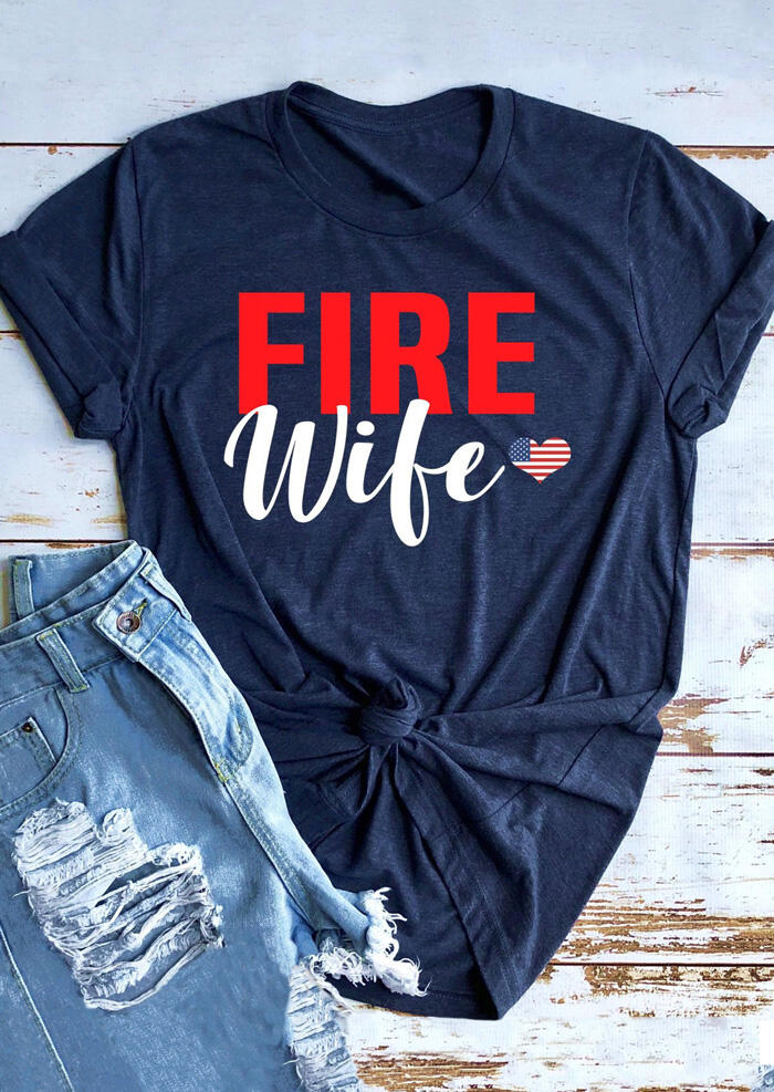 

Fire Wife American Flag Heart T-Shirt Tee - Navy Blue, 459261