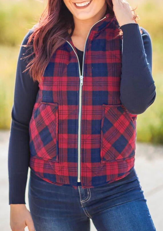 

Coats Plaid Pocket Sleeveless Vest Coat - Red. Size: S