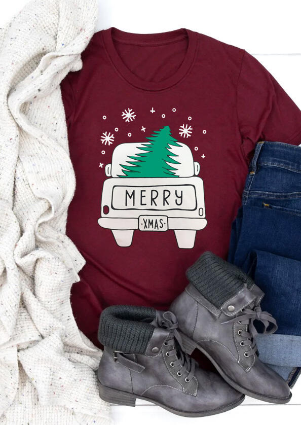 

Merry Christmas Tree Snowflake T-Shirt Tee - Burgundy, 459341