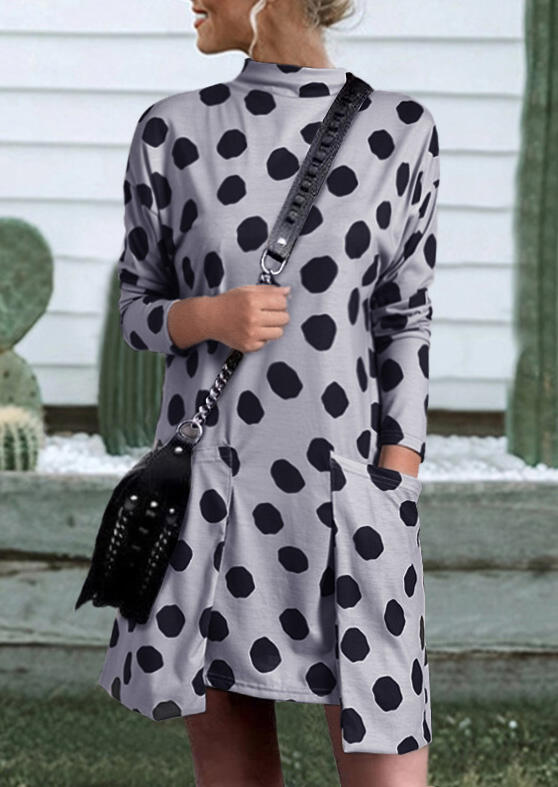 

Polka Dot O-Neck Pocket Mini Dress - Gray, 458948