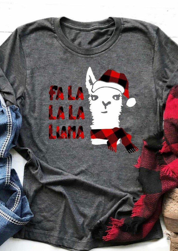 

Christmas Plaid Printed Fa La La La Llama T-Shirt Tee - Gray, 459235