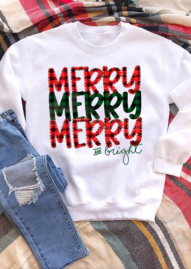 

Merry Merry Merry And Bright Plaid Splicing Sweatshirt - White, 459236