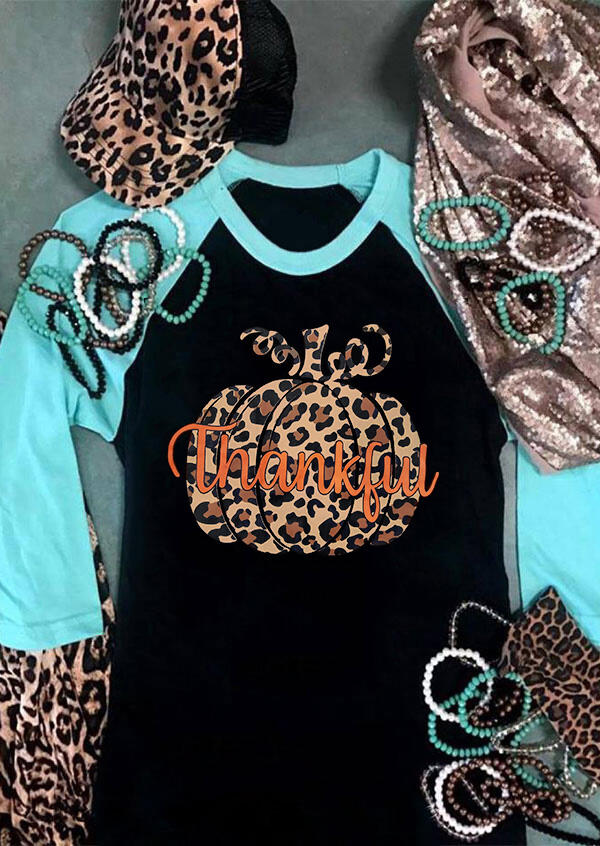 

Tees T-shirts Thankful Pumpkin Leopard Printed Splicing T-Shirt Tee - Black. Size