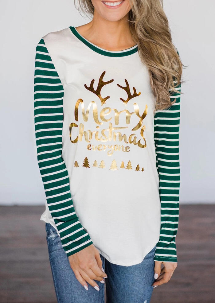 

Striped Splicing Hot Stamping Merry Christmas Everyone T-Shirt Tee - White, 459370