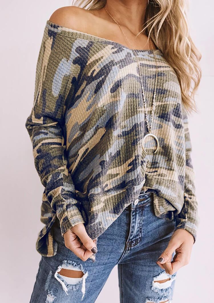 

Camouflage Printed V-Neck Blouse without Necklace, 459390