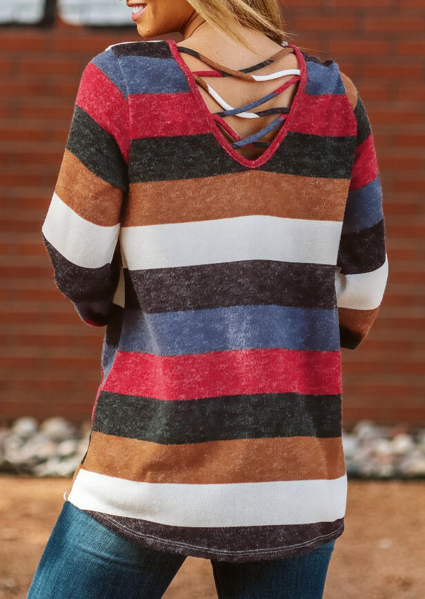 

Colorful Striped Criss-Cross Blouse, Stripe, 459396