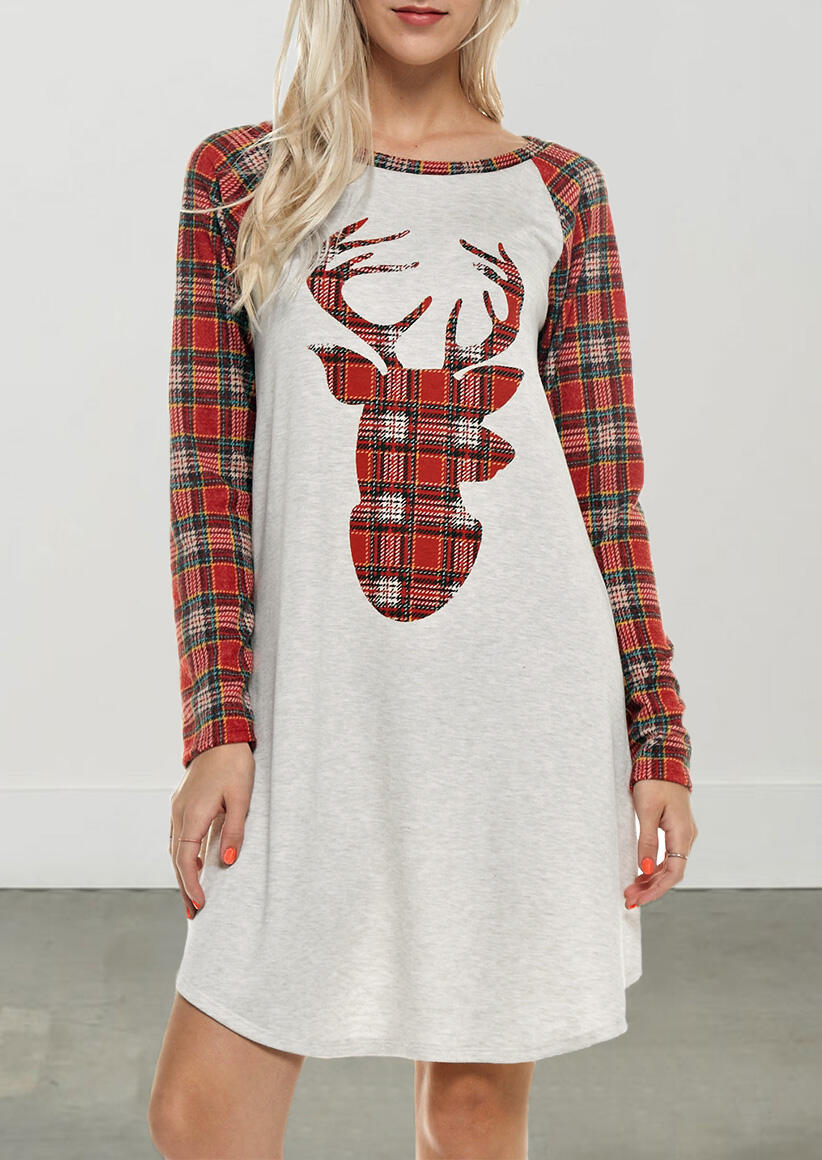 

Plaid Splicing Reindeer O-Neck Mini Dress - Light Grey, 459399