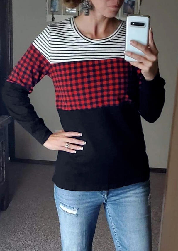 

Striped Plaid Printed Splicing T-Shirt Tee, 459400