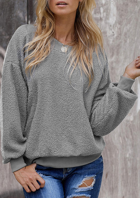 

Solid O-Neck Plush Sweatshirt without Necklace - Gray, 459412