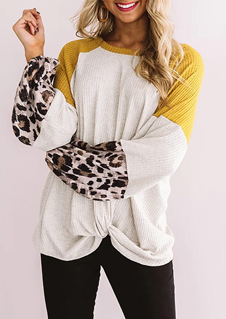

Leopard Printed Color Block Splicing Twist Blouse - Yellow, 459415