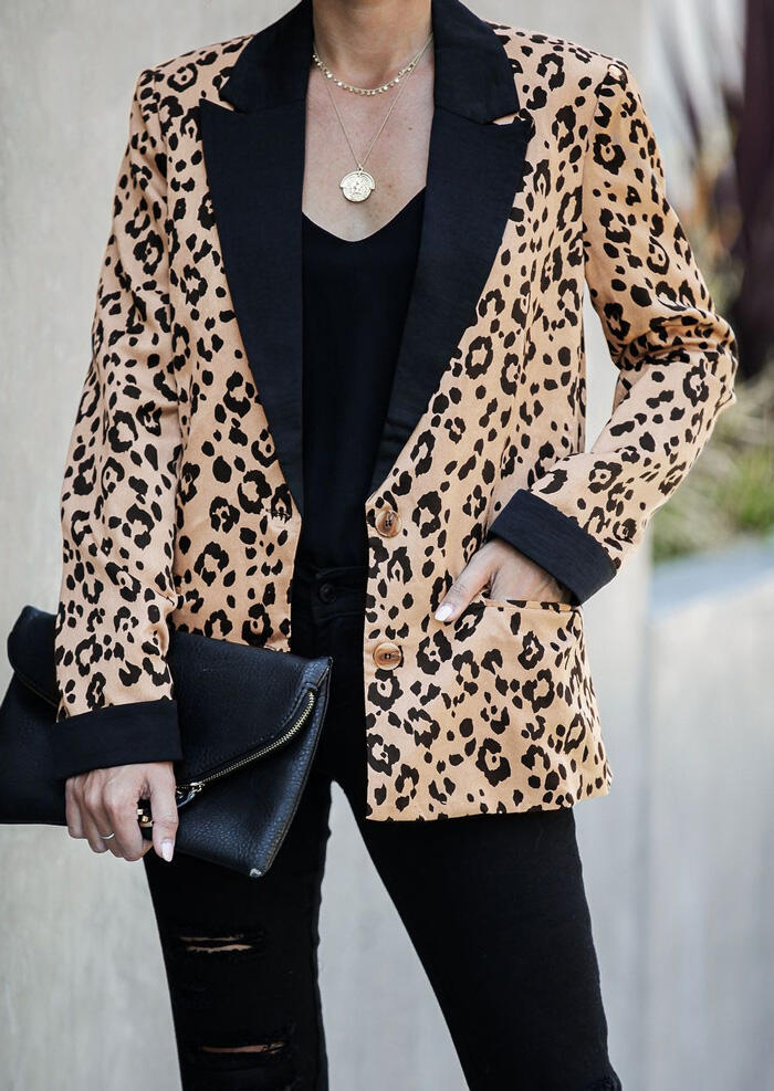 

Leopard Printed Pocket Blazer Coat without Necklace, 459426