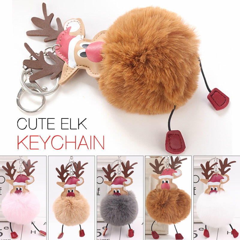 

Cute Christmas Elk Delicate Unique Hair Ball Keychain, White