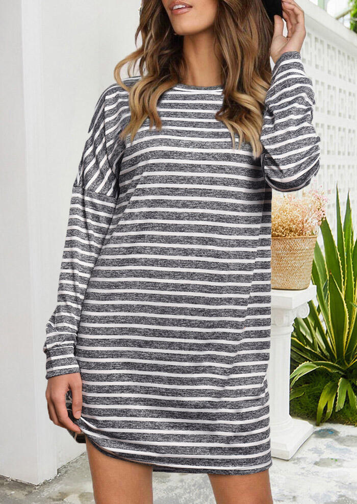 

Striped O-Neck Long Sleeve Mini Dress, Stripe, 459418