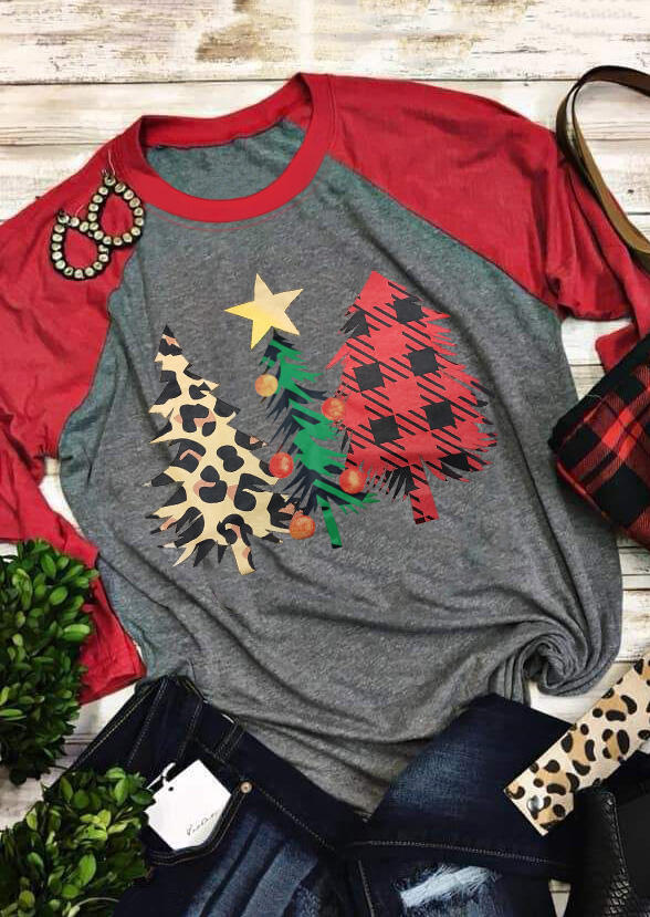 

Tees T-shirts Plaid Leopard Printed Christmas Trees T-Shirt Tee - Gray. Size