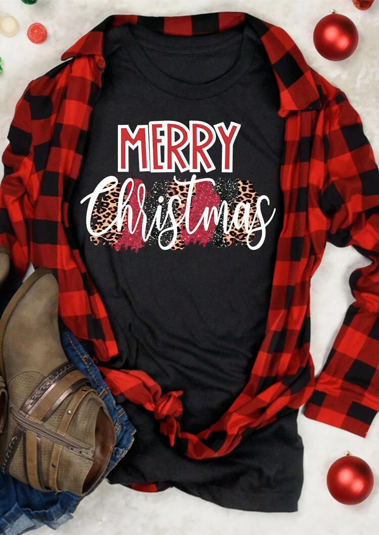 

Leopard Printed Merry Christmas T-Shirt Tee - Black, 459481