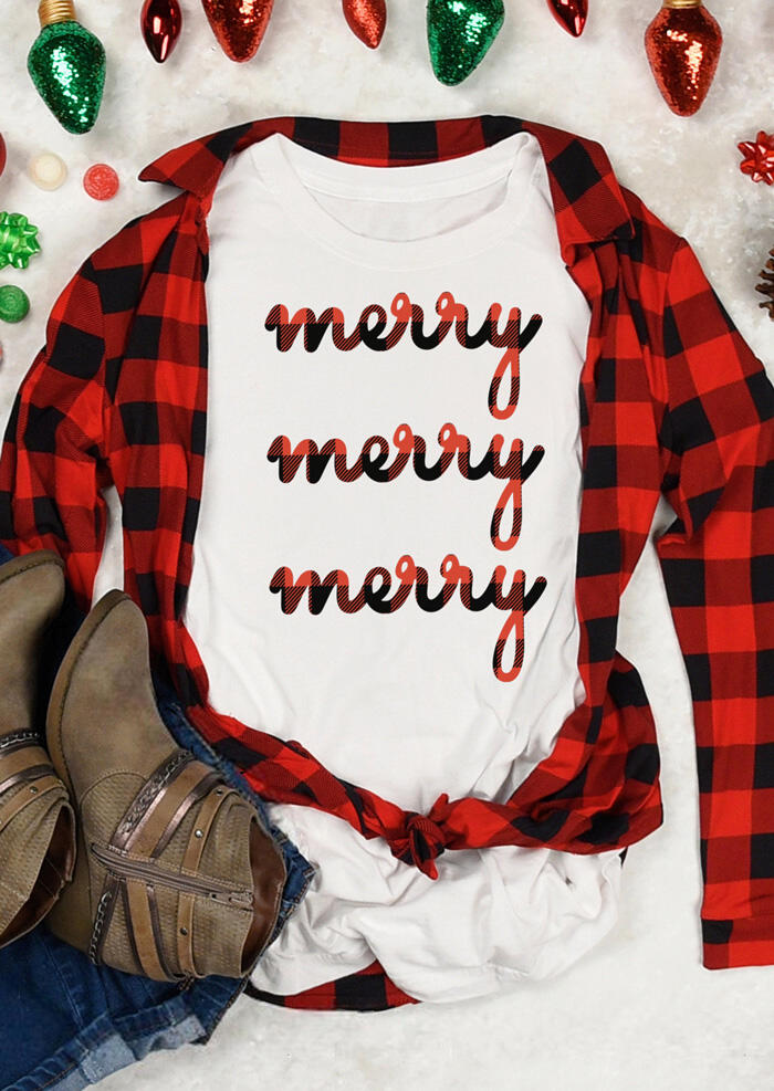 

Tees T-shirts Plaid Printed Merry T-Shirt Tee - White. Size