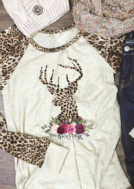 

Tees T-shirts Leopard Print Christmas Elk T-Shirt Tee - Flesh. Size: S,M