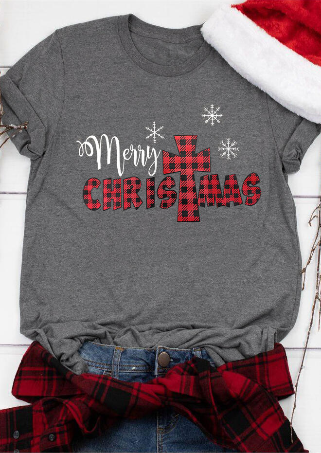 

T-shirts Tees Plaid Christ Merry Christmas Snowflake T-Shirt Tee in Gray. Size