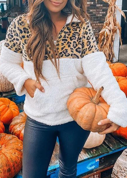 

Leopard Printed Splicing Plush Warm Sweatshirt - White, 459519