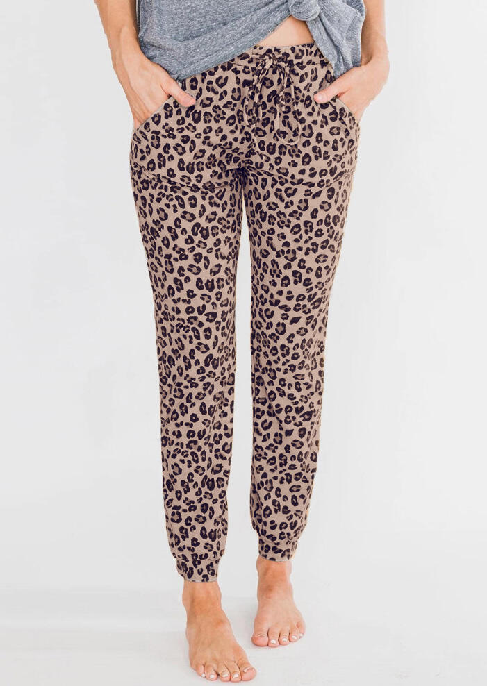 

Pants Leopard Printed Drawstring Pocket Pants - Khaki. Size: S,M