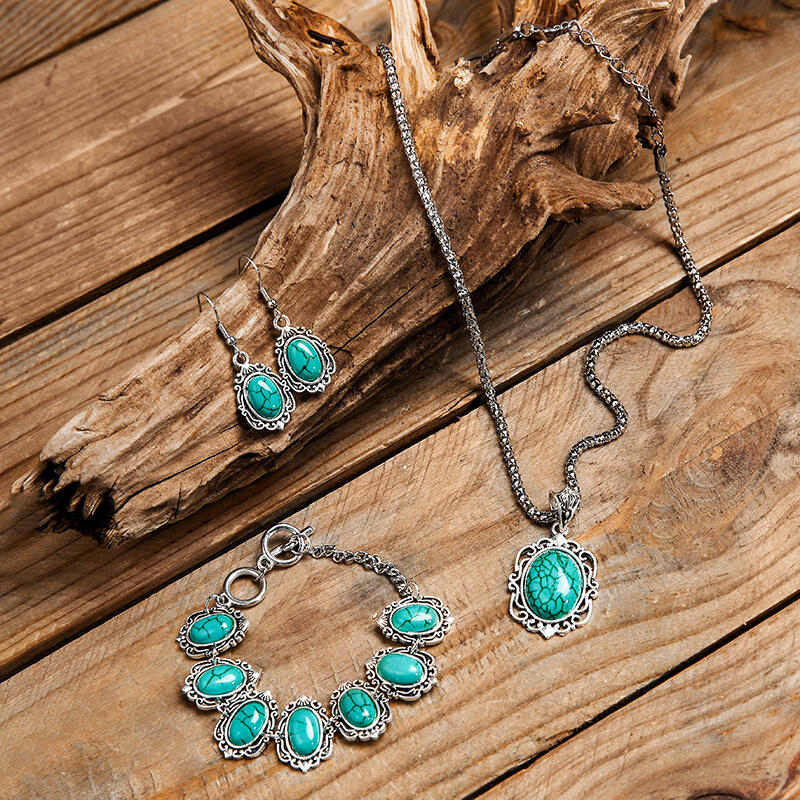 

3 Pieces Turquoise Bracelet Necklace Earrings Jewelry Set, Cyan, 459484