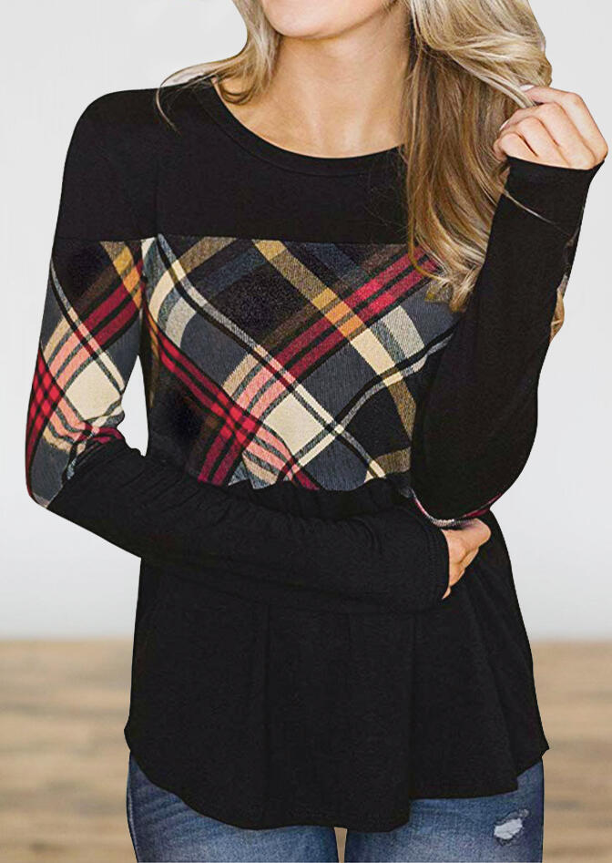 

Blouses Color Block Plaid Splicing O-Neck Blouse in Black. Size