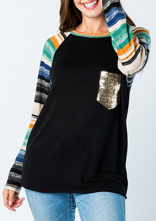

Colorful Striped Sequined Splicing Pocket T-Shirt Tee - Black, 459527