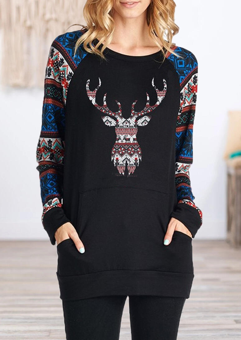 

Blouses Christmas Reindeer Kangaroo Pocket Blouse - Black. Size: S,M,,XL