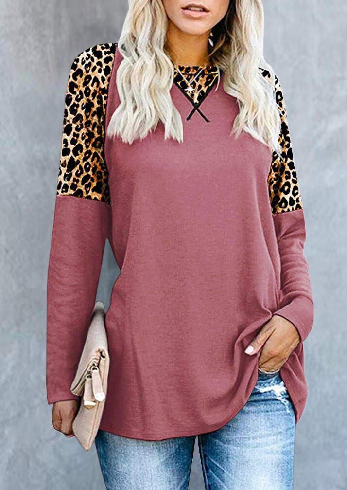 

Leopard Printed Splicing T-Shirt Tee without Necklace - Pink, 459583