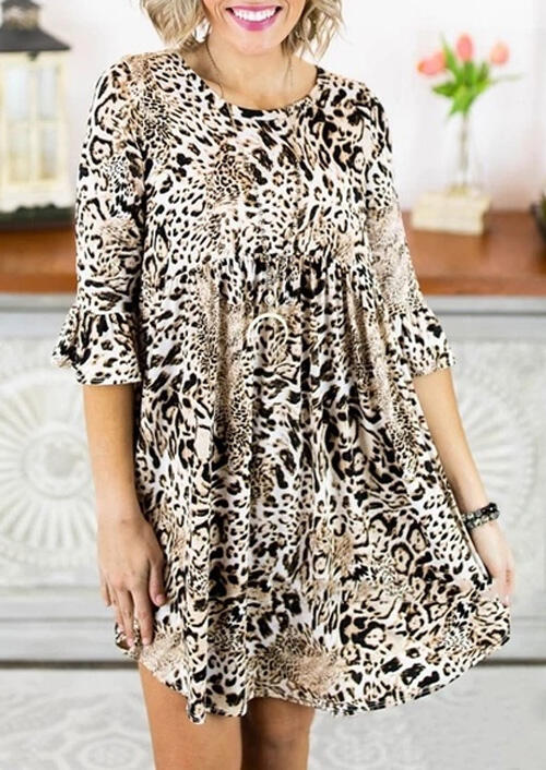 

Leopard Printed Flare Sleeve Mini Dress without Necklace, 459593