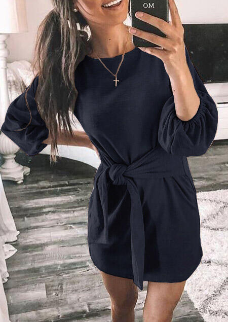 

Mini Dresses Tie O-Neck Mini Dress without Necklace - Navy Blue. Size: S