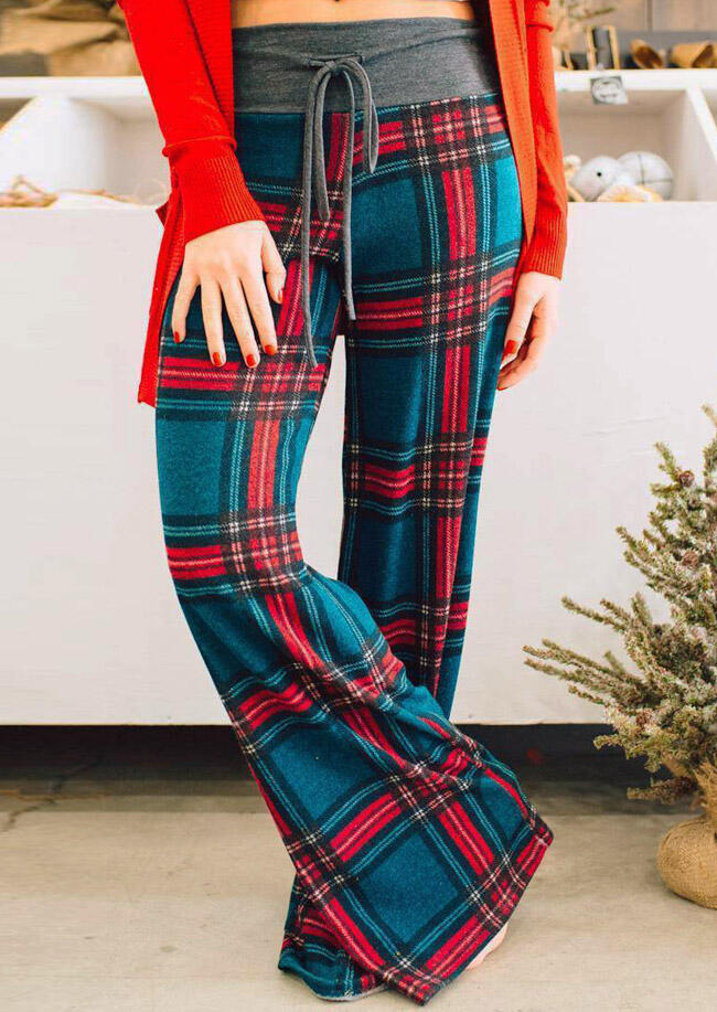 

Plaid Splicing Drawstring Wide Leg Pants - Blue, 459613